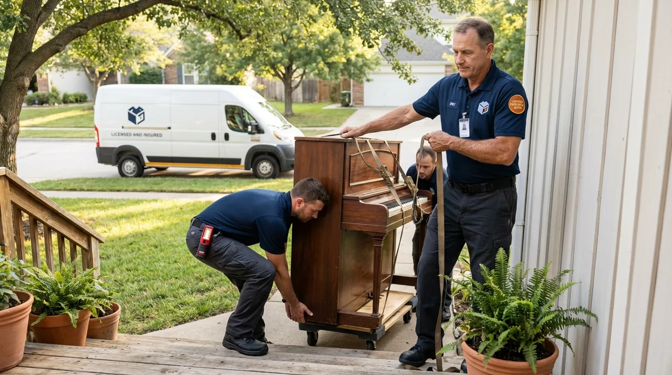 Licensed piano movers securing grand piano in Gladstone, MI