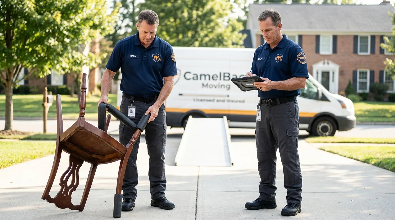Movers inspecting furniture for damage prevention before loading in Gladstone, MI