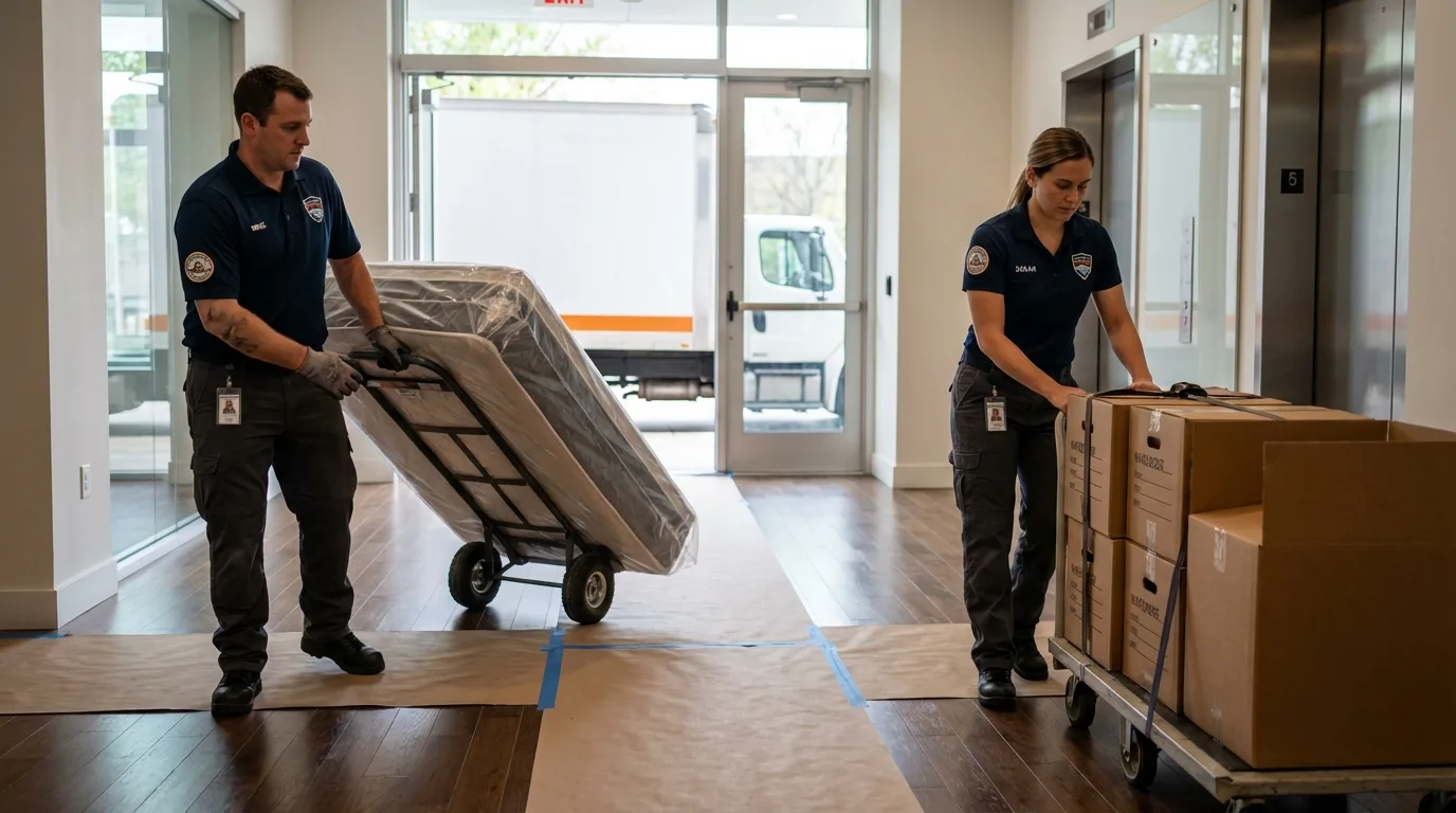 Professional apartment movers loading elevator in Gladstone, MI